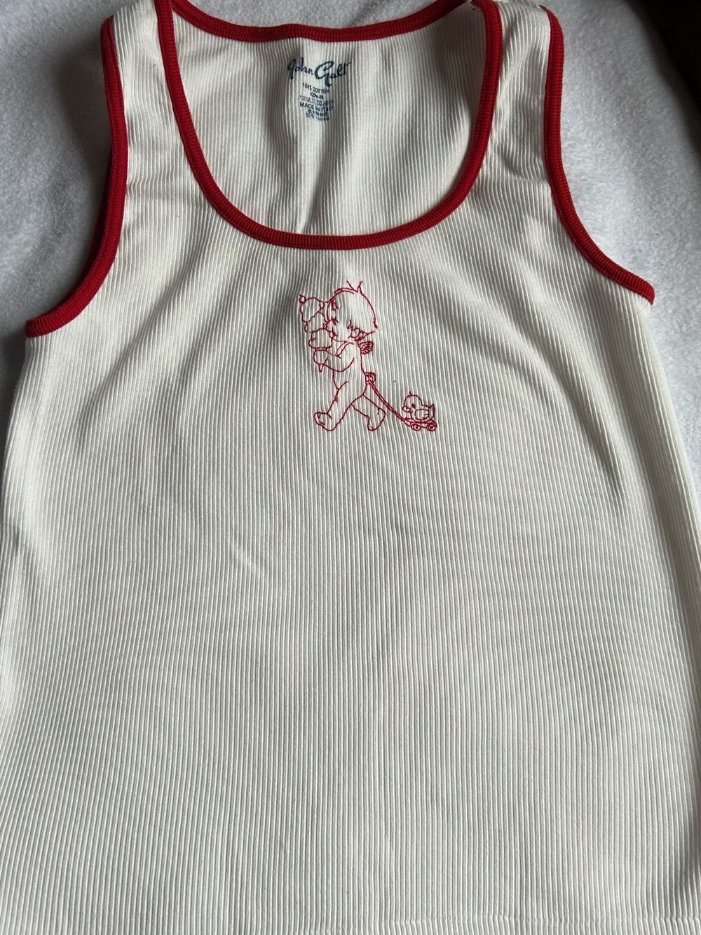 Brandy Melville Cream Ribbed Tank with Red Trim and Embroidered Character